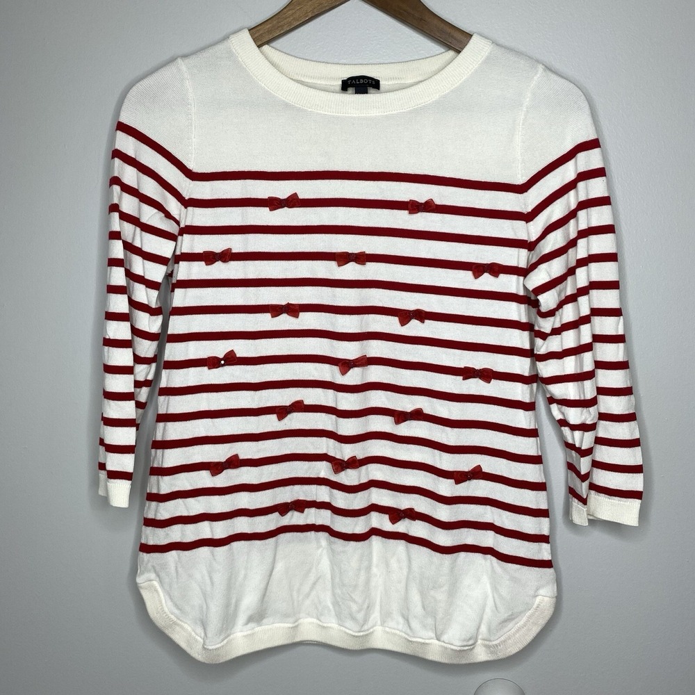 Talbots Sweater Red Bows Womens Small Cream Striped Holiday Casual 3/4 Sleeve